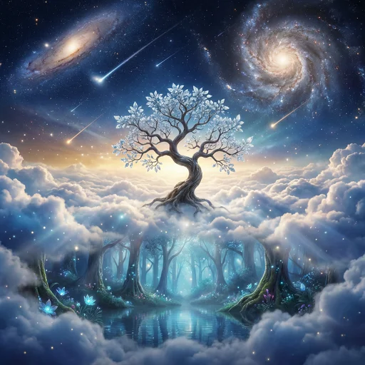 Illustration poétique d'un paysage de rêve avec des galaxies, des étoiles, une forêt enchantée pour le thème rêve - L'oiseau pas sage