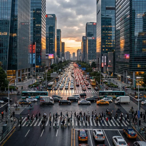 Illustration poétique d'une rue d'une mégalopole plein de gens et de voitures pour le thème société - L'oiseau pas sage
