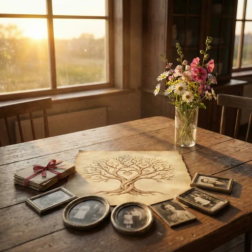 Illustration poétique de vielles photos de famille posées sur une table pour le thème famille - L'oiseau pas sage