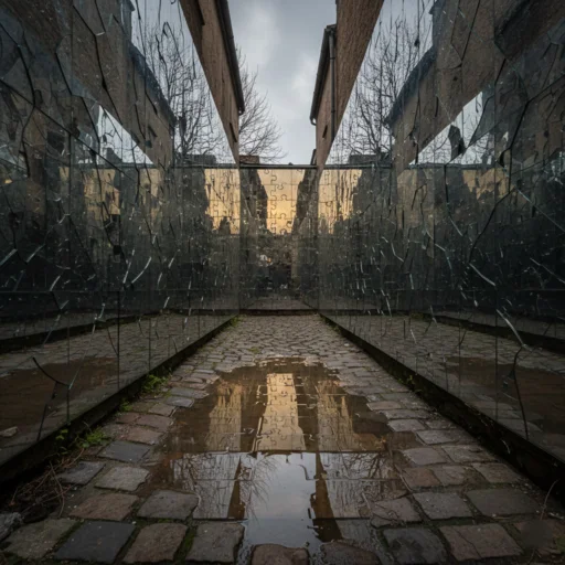 Illustration poétique d'un passage entouré de miroirs brisés pour le thème inclassable - L'oiseau pas sage